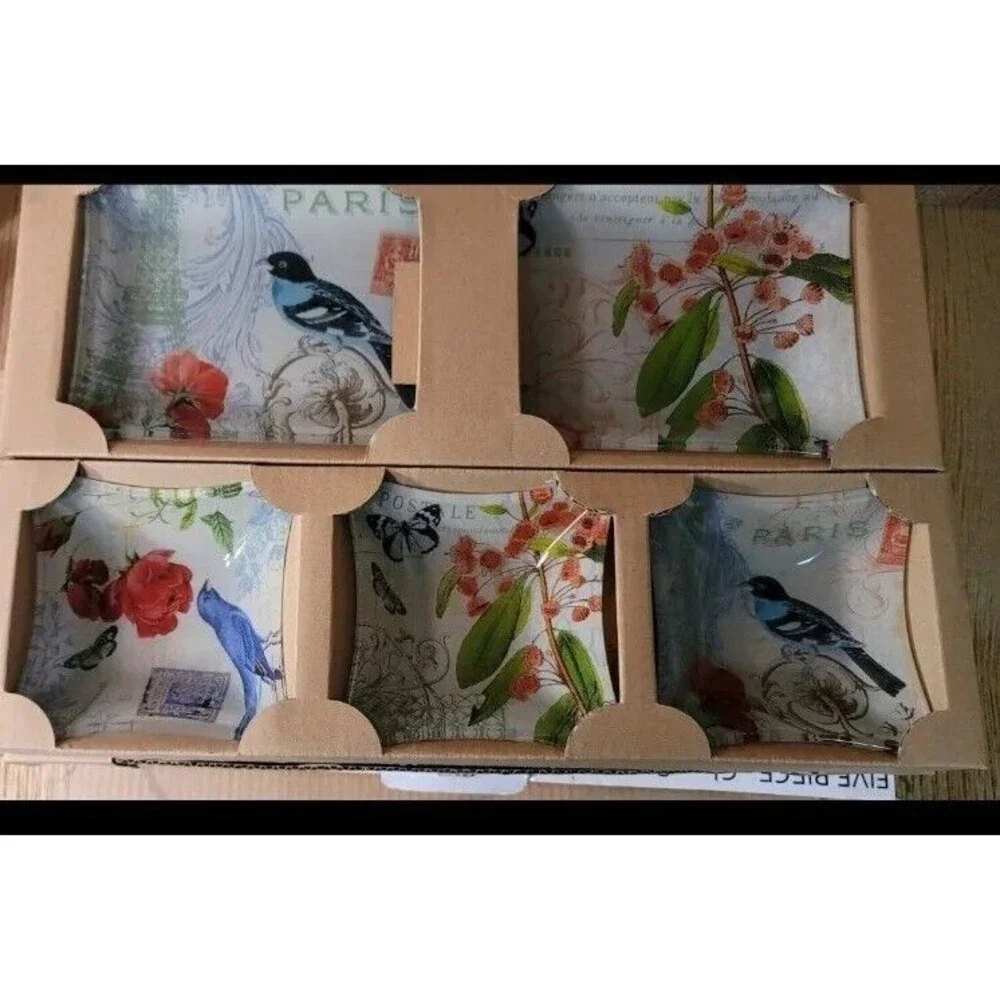 Memories Artisan Glasswork 5 pc. Textured Glass Serving Pieces with Bird/Floral